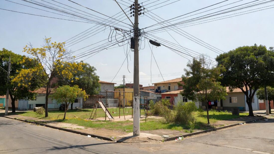 Poste com fiação exposta perto de área infantil em Itapoã, DF