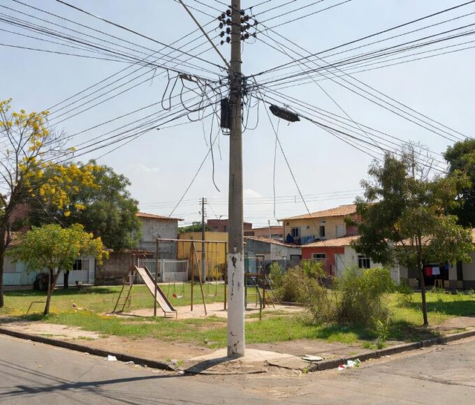 Poste com fiação exposta perto de área infantil em Itapoã, DF