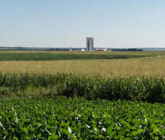 Congresso Nacional com plantações de soja e milho ao entardecer, representando homenagem ao agro brasileiro.