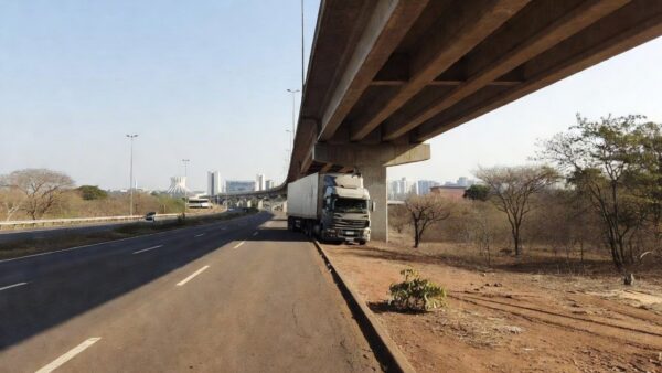 Carreta presa em viaduto da EPIA Sul em Brasília