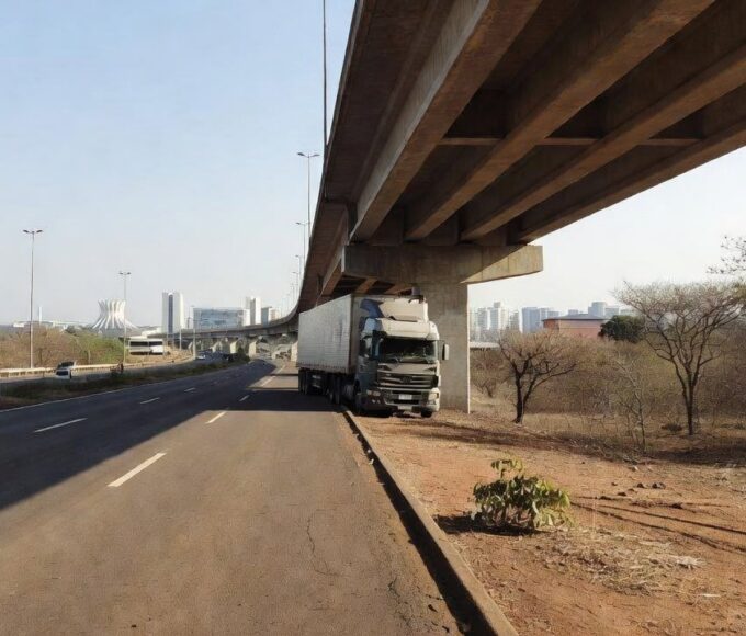Carreta presa em viaduto da EPIA Sul em Brasília