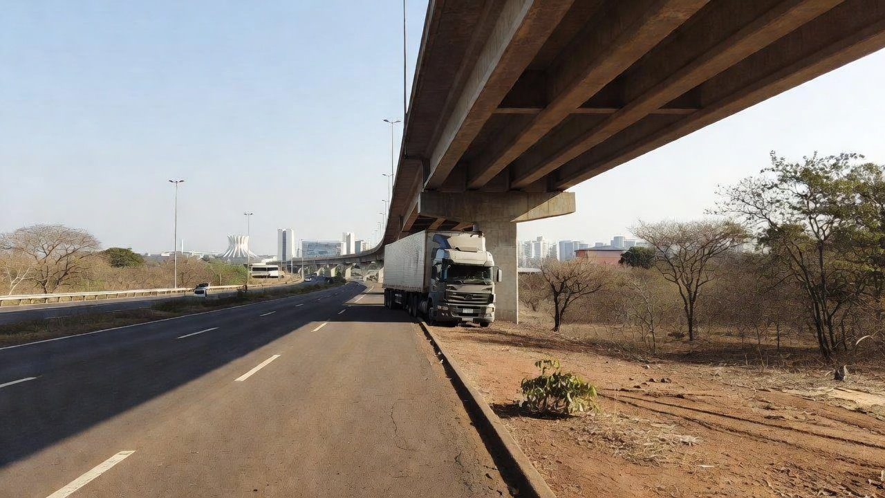 Carreta presa em viaduto da EPIA Sul em Brasília