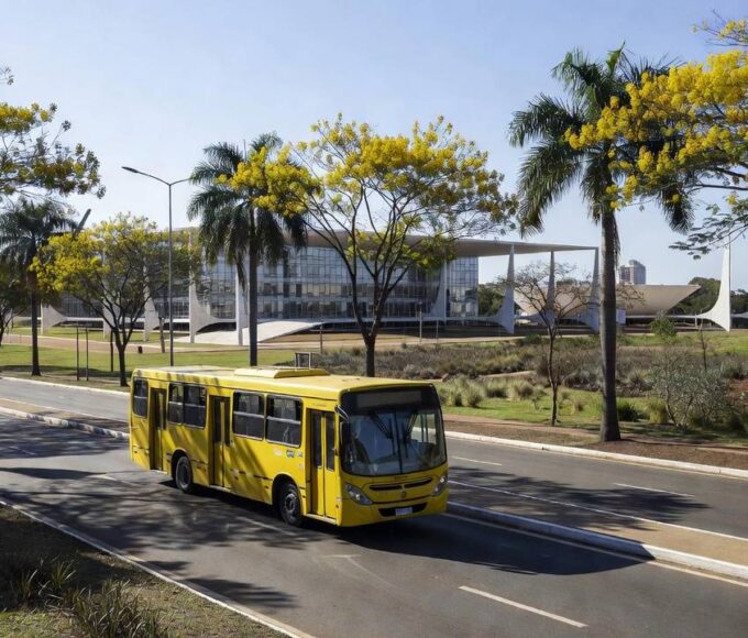 Ônibus de transporte gratuito em frente a restaurante comunitário em Brasília durante paralisação