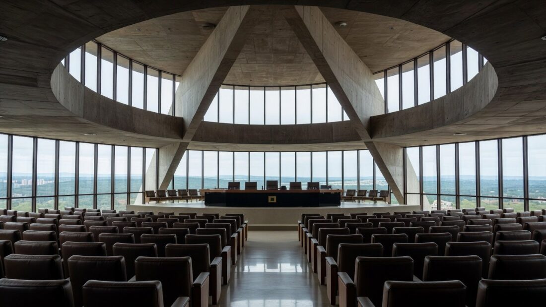 Igreja evangélica em Brasília com cestas básicas de assistência social e prédios do governo ao fundo