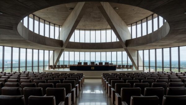 Igreja evangélica em Brasília com cestas básicas de assistência social e prédios do governo ao fundo
