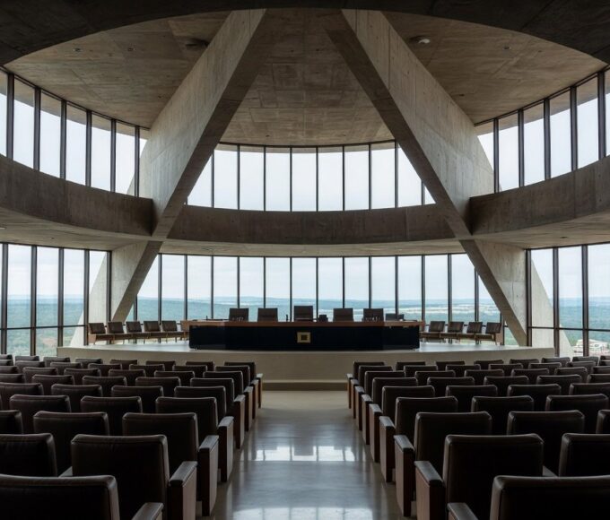 Igreja evangélica em Brasília com cestas básicas de assistência social e prédios do governo ao fundo