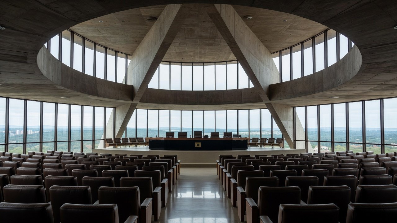 Igreja evangélica em Brasília com cestas básicas de assistência social e prédios do governo ao fundo
