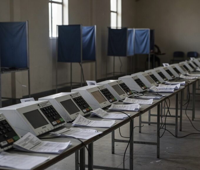 Sala de seminário na CLDF com urna eletrônica e documentos sobre fragilidades do sistema eleitoral