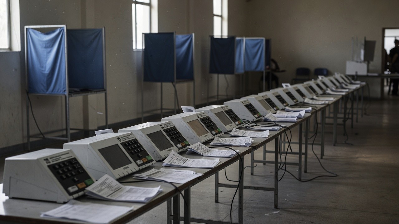 Sala de seminário na CLDF com urna eletrônica e documentos sobre fragilidades do sistema eleitoral