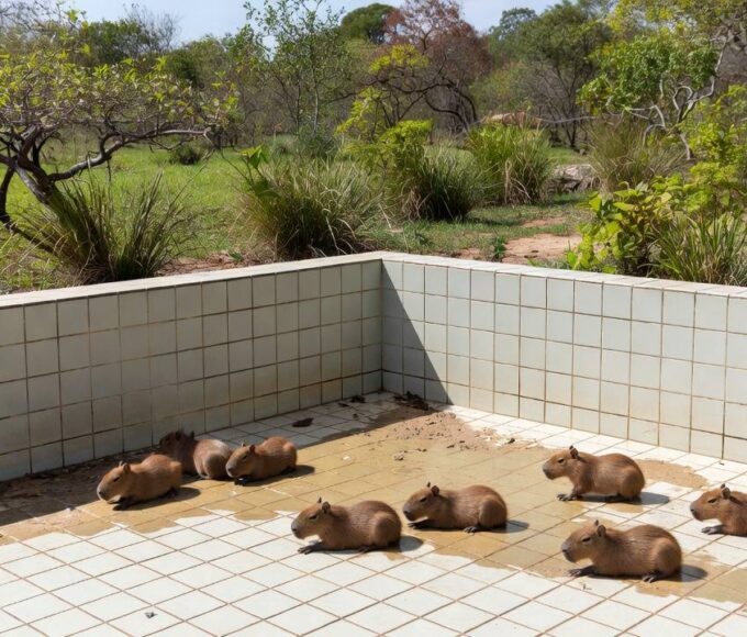 Filhotes de capivara resgatados de piscina vazia no Lago Norte, Brasília