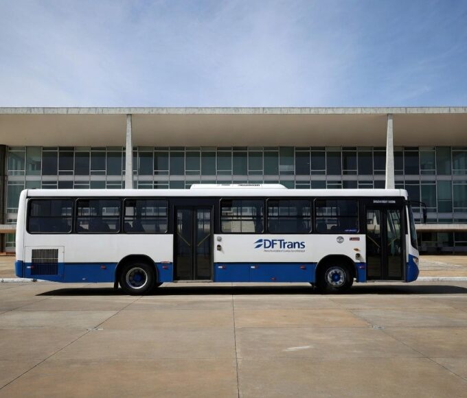 Ônibus de transporte público em Brasília com arquitetura do DF ao fundo sobre tarifa zero