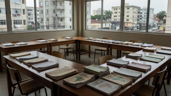 Sala de coordenação regional de ensino no DF com documentos de aposentadoria especial de professores