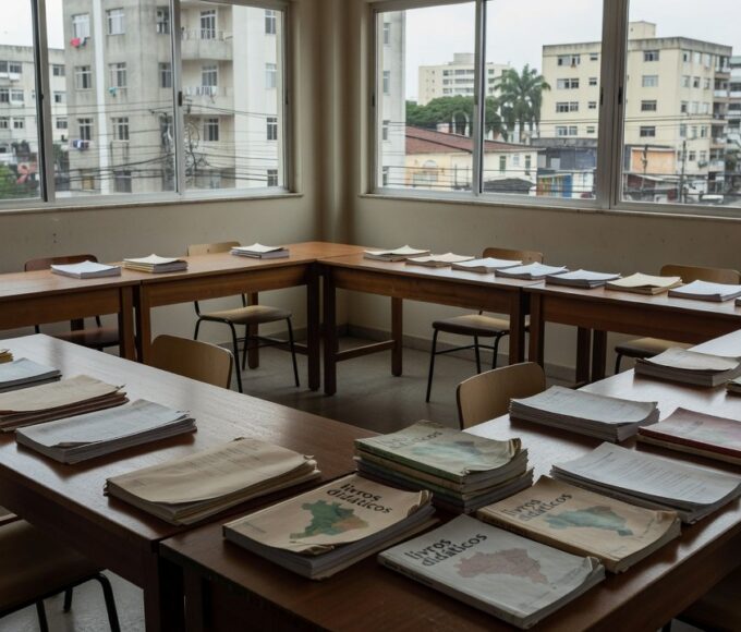 Sala de coordenação regional de ensino no DF com documentos de aposentadoria especial de professores