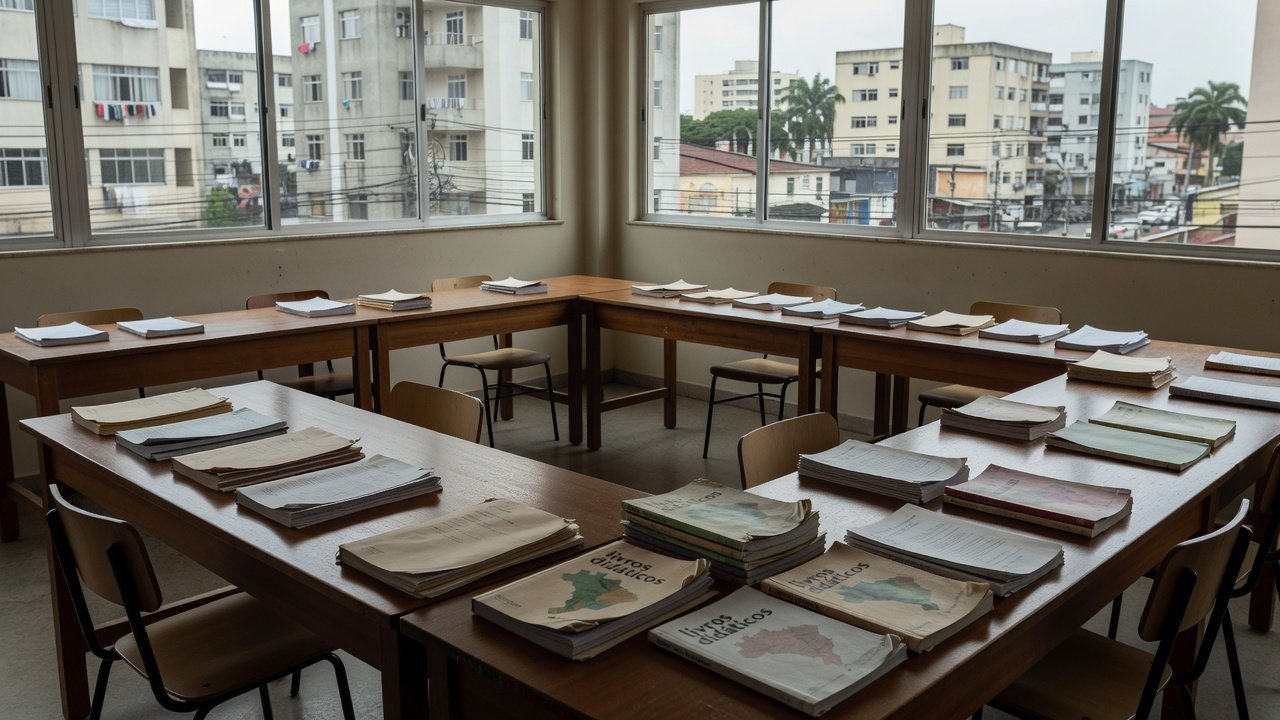 Sala de coordenação regional de ensino no DF com documentos de aposentadoria especial de professores