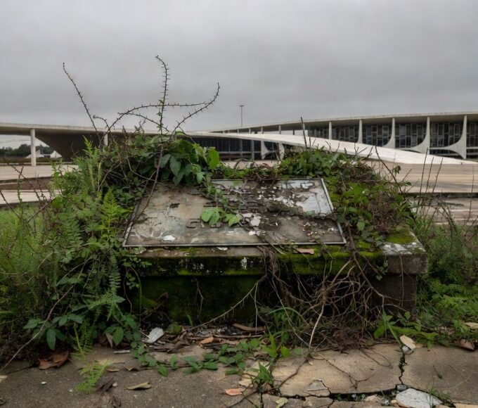 Edifício histórico deteriorado em Brasília evidenciando negligência ao patrimônio.