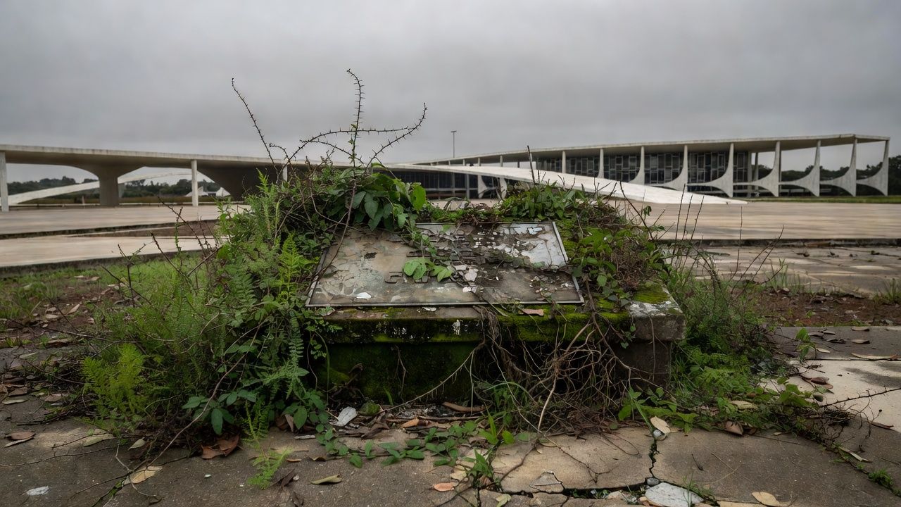 Edifício histórico deteriorado em Brasília evidenciando negligência ao patrimônio.