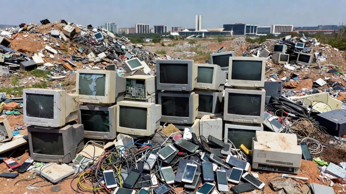 Pilhas de lixo eletrônico descartado no Distrito Federal representando falhas na logística reversa