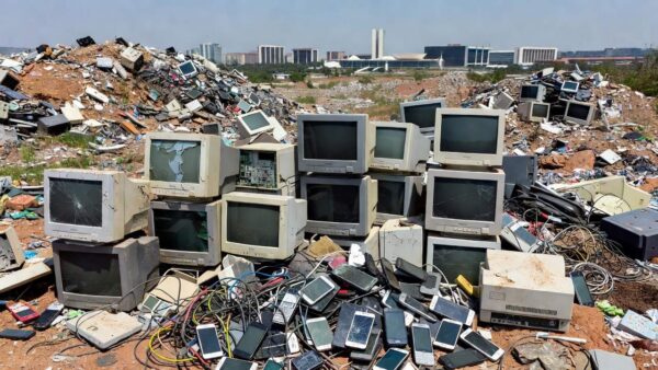 Pilhas de lixo eletrônico descartado no Distrito Federal representando falhas na logística reversa