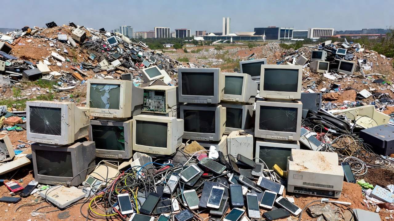 Pilhas de lixo eletrônico descartado no Distrito Federal representando falhas na logística reversa