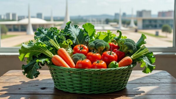 Cestas verdes com alimentos do programa Cartão Prato Cheio no DF
