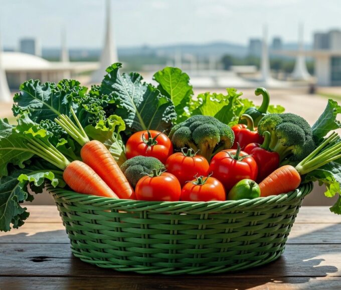 Cestas verdes com alimentos do programa Cartão Prato Cheio no DF