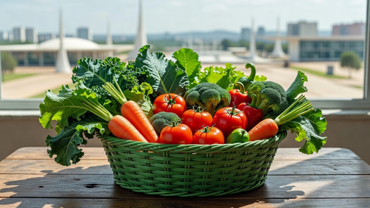 Cestas verdes com alimentos do programa Cartão Prato Cheio no DF