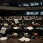 Plenário da Câmara do DF com elementos de educação física, representando homenagem e críticas