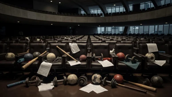 Plenário da Câmara do DF com elementos de educação física, representando homenagem e críticas