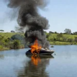 Incêndio em lancha no Lago Sul de Brasília, DF, com chamas e fumaça na água