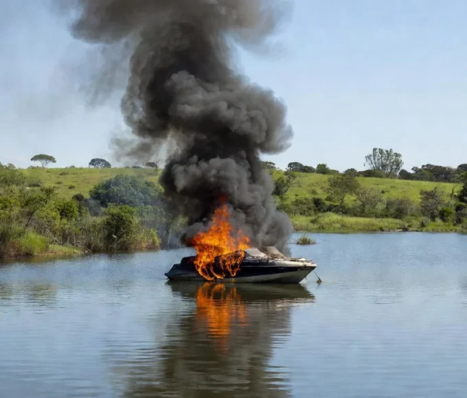 Incêndio em lancha no Lago Sul de Brasília, DF, com chamas e fumaça na água