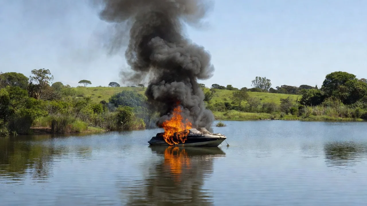 Incêndio em lancha no Lago Sul de Brasília, DF, com chamas e fumaça na água