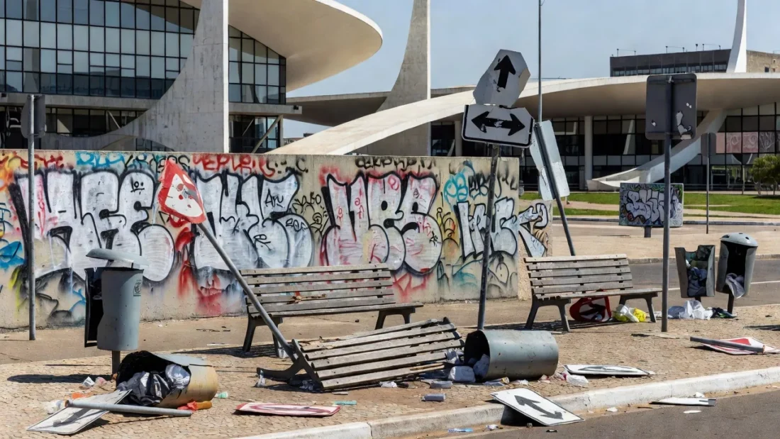 Monumento público em Brasília com pichações de vandalismo no DF