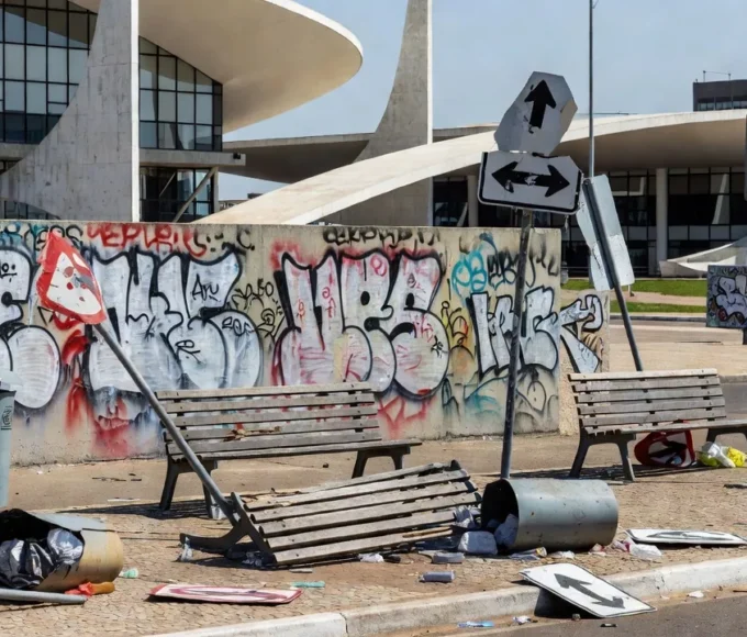 Monumento público em Brasília com pichações de vandalismo no DF