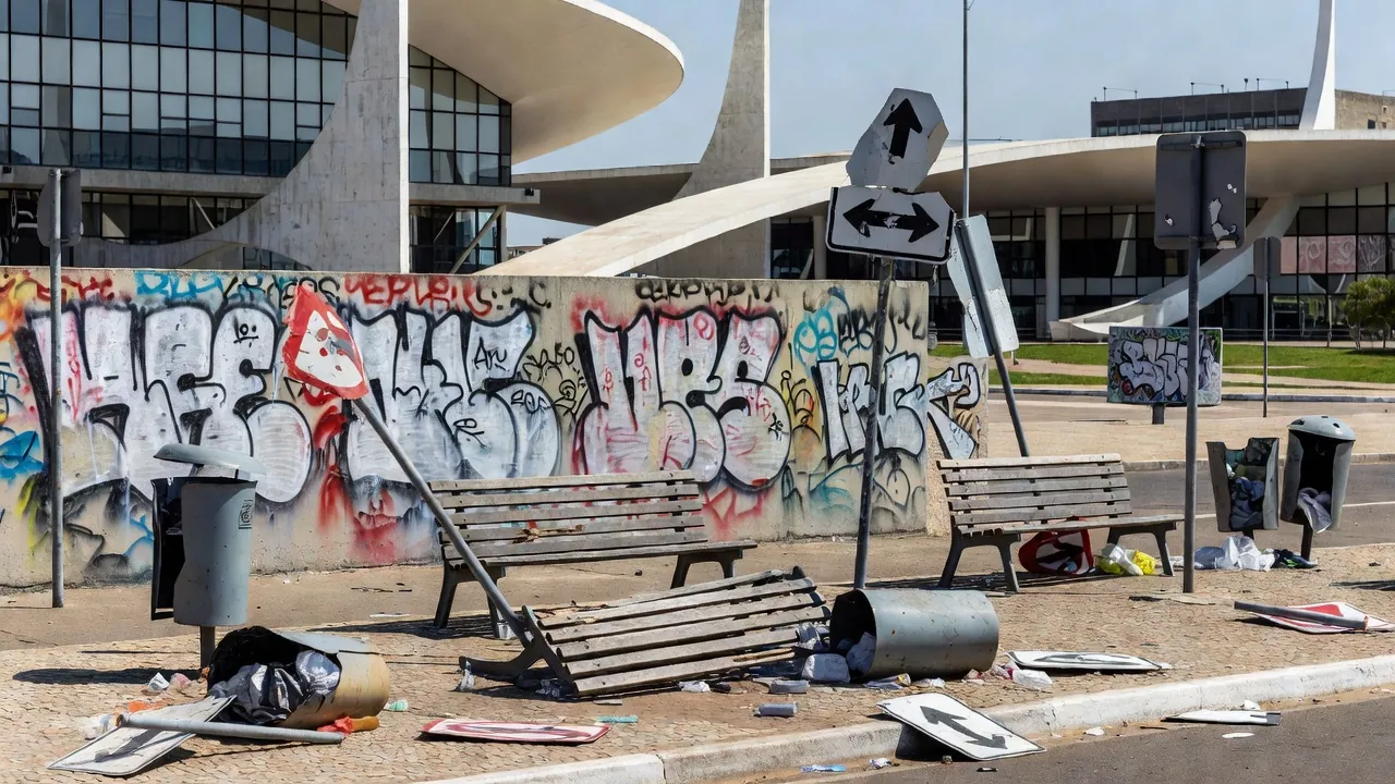 Monumento público em Brasília com pichações de vandalismo no DF