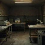 Sala de necropsia no DF com pilhas de documentos representando sobrecarga de trabalho