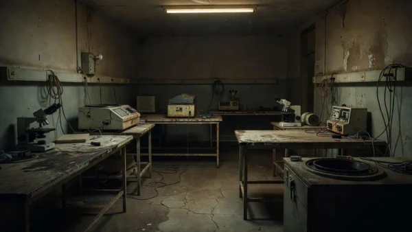 Sala de necropsia no DF com pilhas de documentos representando sobrecarga de trabalho