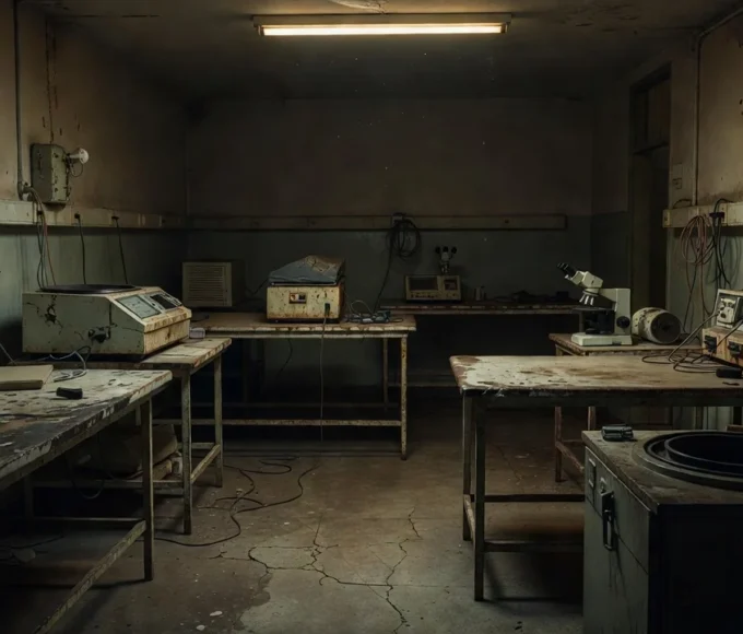 Sala de necropsia no DF com pilhas de documentos representando sobrecarga de trabalho