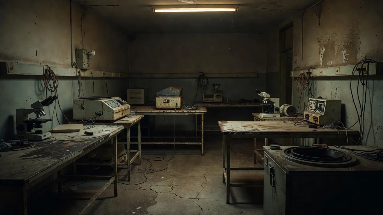 Sala de necropsia no DF com pilhas de documentos representando sobrecarga de trabalho