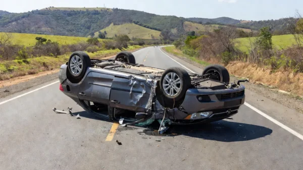 Carro capotado na BR-040 após acidente com motorista e criança presos