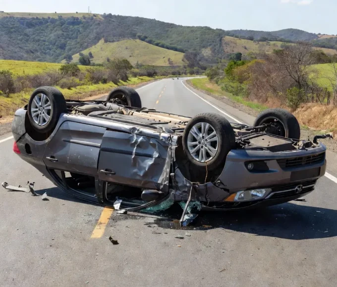 Carro capotado na BR-040 após acidente com motorista e criança presos