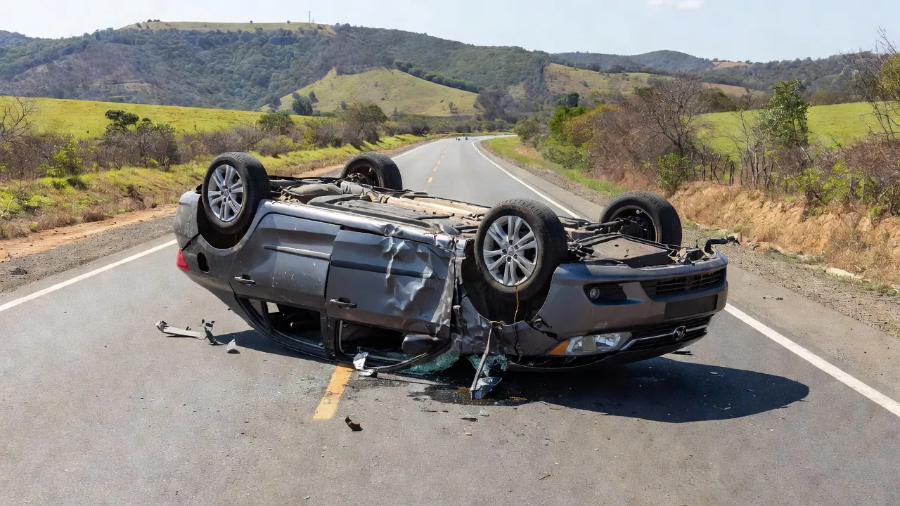 Carro capotado na BR-040 após acidente com motorista e criança presos