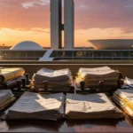 Pilhas de documentos em mesa de escritório simbolizando burocracia em emendas parlamentares no DF