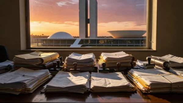 Pilhas de documentos em mesa de escritório simbolizando burocracia em emendas parlamentares no DF