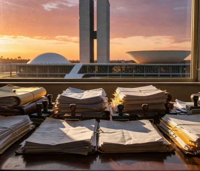 Pilhas de documentos em mesa de escritório simbolizando burocracia em emendas parlamentares no DF