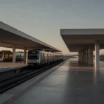 Sistema de metrô de Brasília com estações modernas e trens em ambiente urbano.