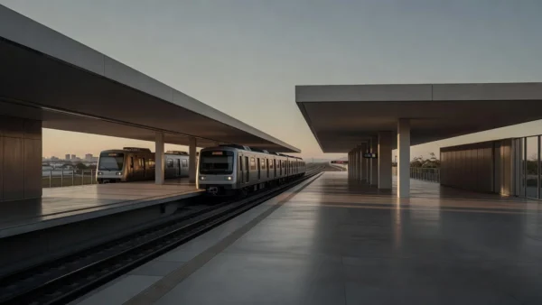 Sistema de metrô de Brasília com estações modernas e trens em ambiente urbano.