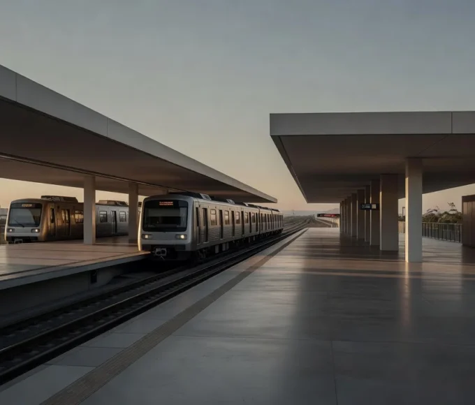 Sistema de metrô de Brasília com estações modernas e trens em ambiente urbano.