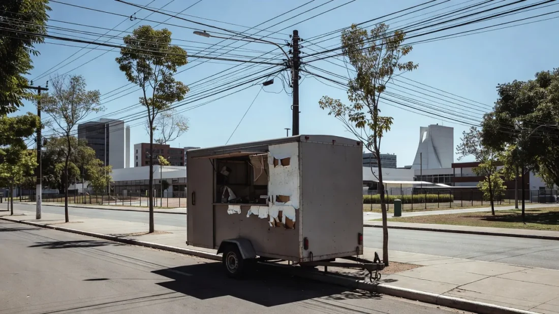 Trailer com fios elétricos expostos em rua de Brasília