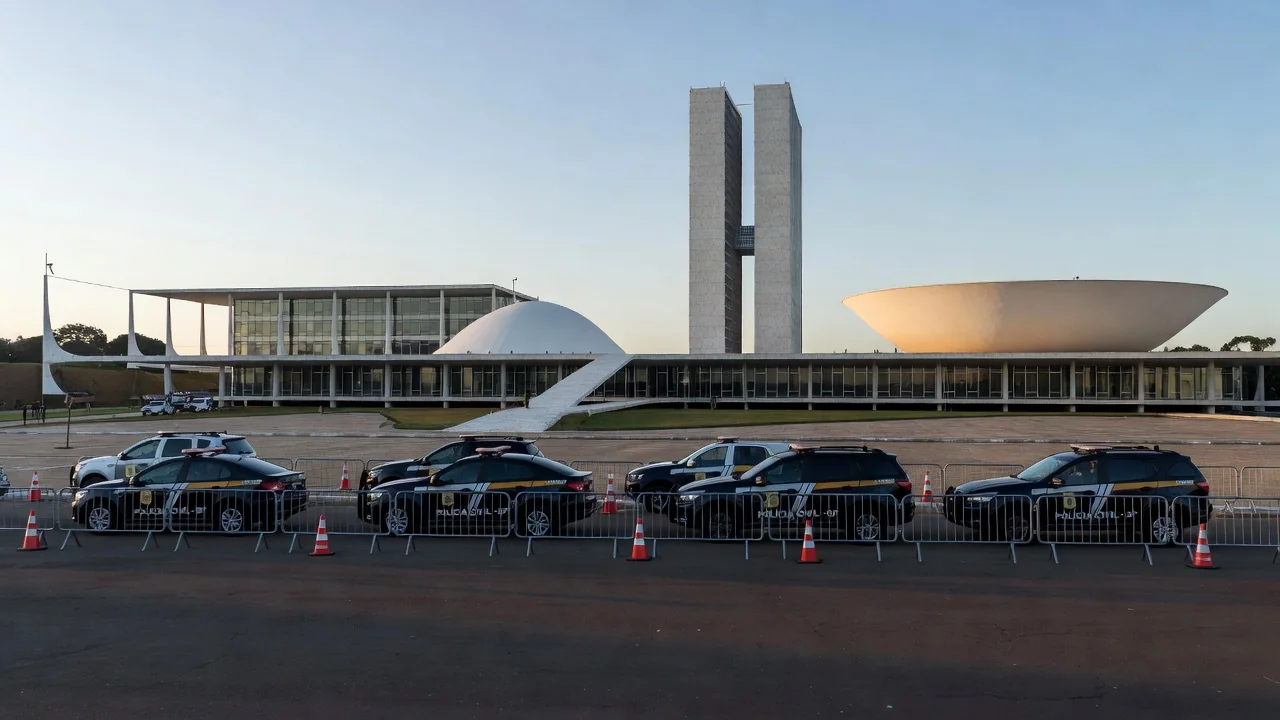 Segurança reforçada na Praça dos Três Poderes em Brasília para julgamento no STF