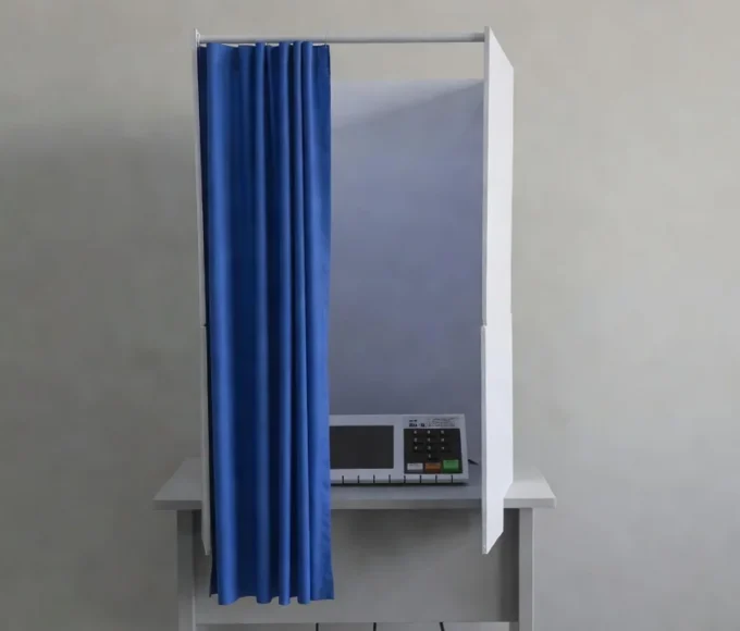 Cabine de votação vazia com urna eletrônica em escola no DF